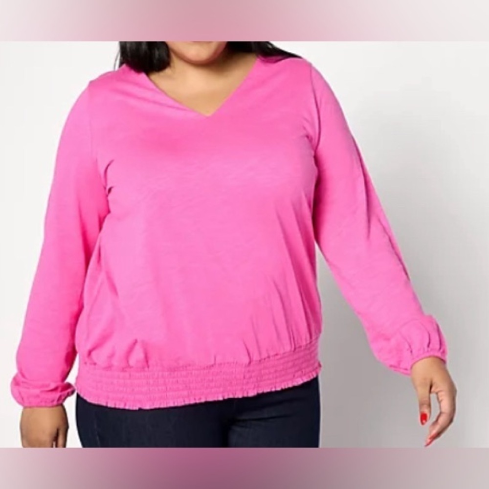 NEW - Belle by Kim Gravel Slub Knit Smocked Waist V Neck Top Color:Malibu Pink